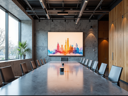 现代化办公环境,宽敞明亮的会议室,整齐摆放的办公桌椅,墙上挂着公司标识,展现专业的企业形象